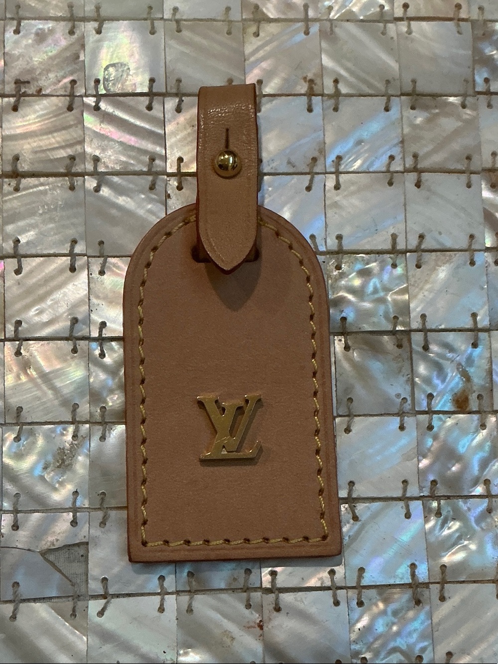 Louis Vuitton Brown Leather Luggage Tag with Gold LV Emblem